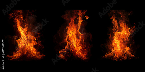 Glowing Fire Burst with Orange Flames on Black three short fire elements for intense heat and embers overlays