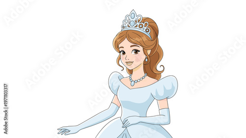 Elegant and beautiful fairytale princess wearing a sparkling tiara, a lovely blue gown with gloves, and exquisite jewelry.