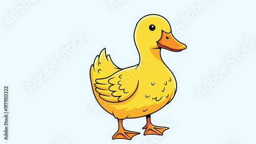 Adorable cartoon illustration of a cute yellow duck standing upright, with an orange beak and webbed feet, on a light blue background.