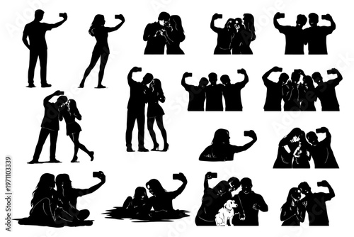 Group and couple silhouettes taking selfies with a dog.