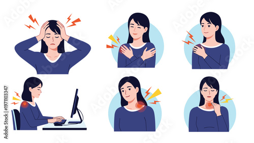 Collection of illustrations depicting a woman experiencing various body pains including headache, shoulder pain, neck pain, and working discomfort.