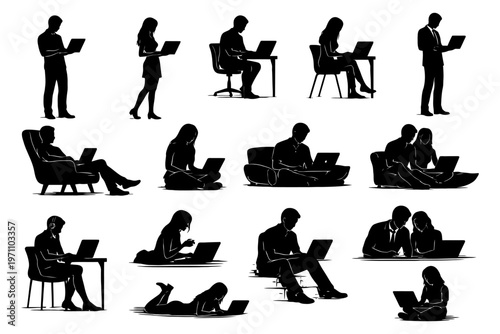 Silhouette illustrations of people using laptops in various poses and settings.