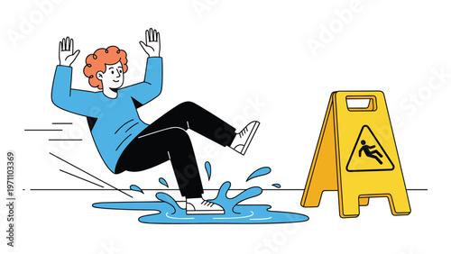 Cartoon illustration of a person with curly hair slipping and falling in a puddle of water next to a yellow wet floor warning sign.