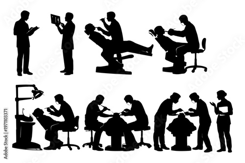 Silhouettes of dental professionals performing various procedures.
