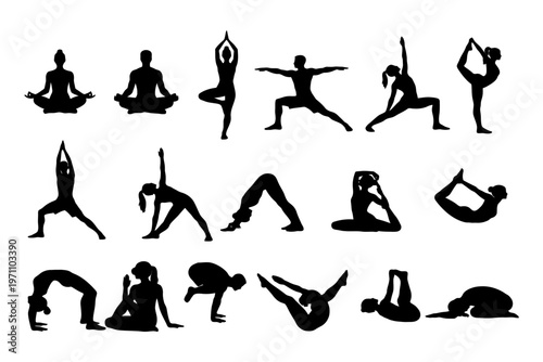 Silhouettes of diverse yoga poses in various stances.