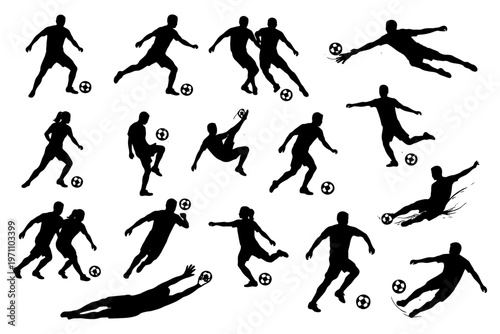 Dynamic soccer player silhouettes kicking and dribbling various poses.
