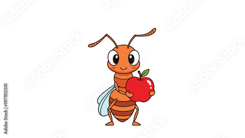 Adorable cartoon illustration of a friendly ant with big eyes and wings, happily holding a small red apple, on a white background.