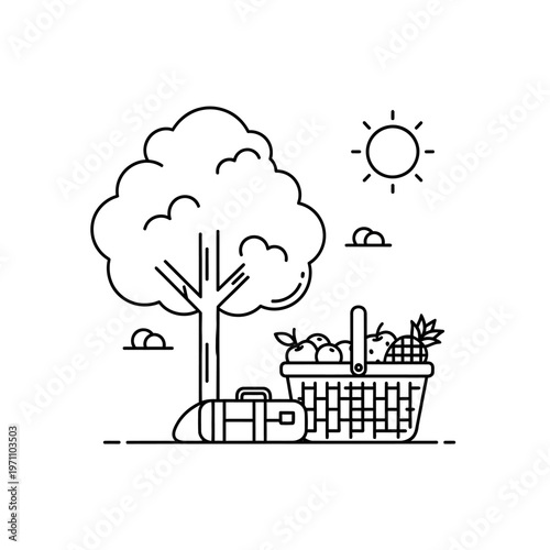 Picnic basket with food outdoors sunny.