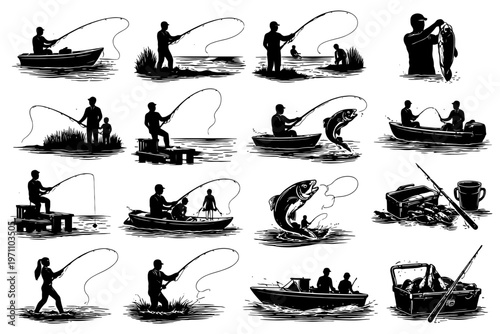 Silhouette fishing scenes: boating, casting, catching fish in various settings.