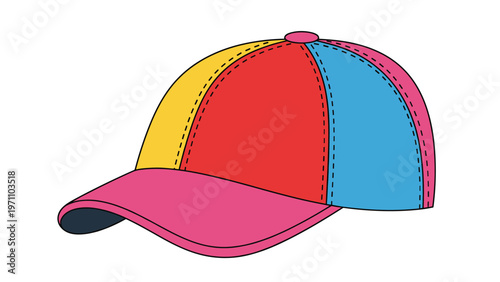 Vibrant and stylish baseball cap featuring multiple colorful panels in red, blue, yellow, and pink, with visible stitching.