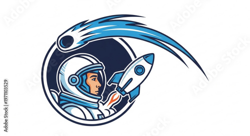 Astronaut in white spacesuit holding rocket ship in circular frame with blue streaks