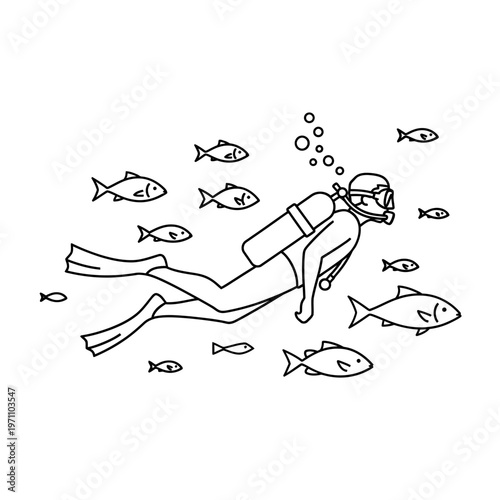 Scuba diver swimming with fish underwater.