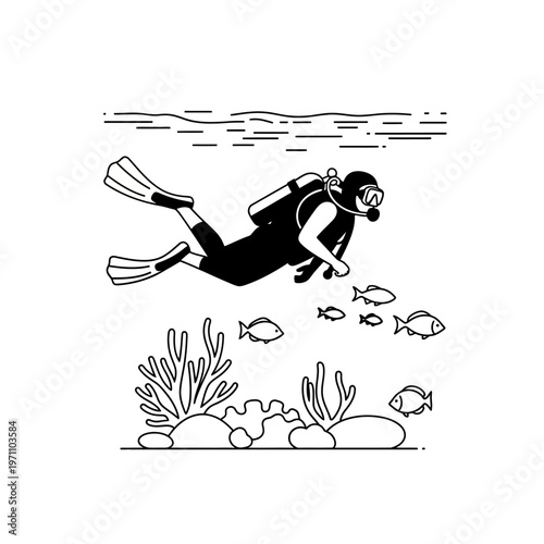 Scuba diver exploring ocean with fish.