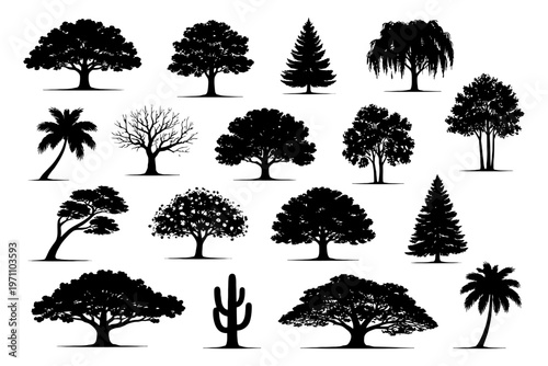 Silhouette collection of diverse tree species featuring various shapes and sizes.