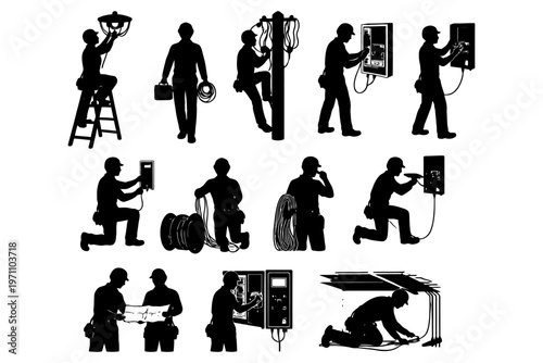 Silhouettes of electrical technicians performing various tasks and installations.