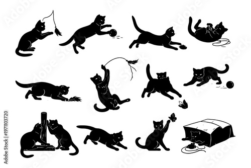 Black silhouettes of playful cats engaging in fun activities.