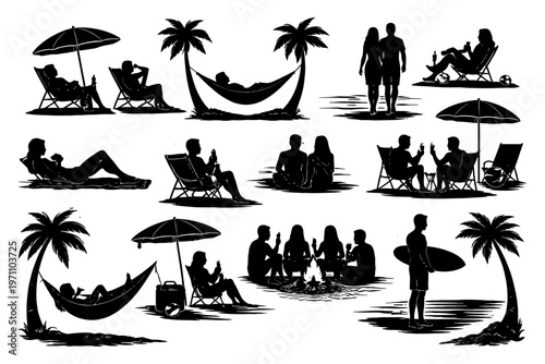 Silhouettes of people relaxing on beach with palm trees and hammocks.