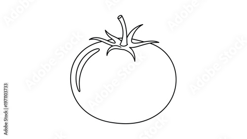 Simple black and white outline drawing of a fresh, ripe tomato with a stem and leaves, ideal for vegetable-themed coloring books.