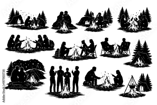 Silhouettes of people camping and enjoying campfires in nature.