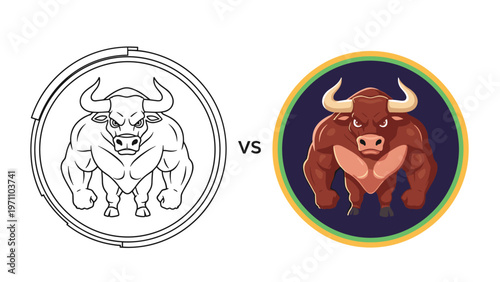 Side-by-side illustration of a powerful, muscular bull in both vibrant color and black outline, enclosed within a circular frame.