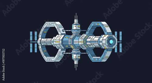 Futuristic spaceship design with hexagonal structures and blue accents on a dark background