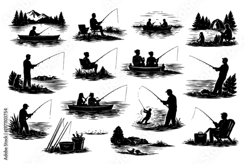 Silhouette fishing scenes with people outdoors in various settings.