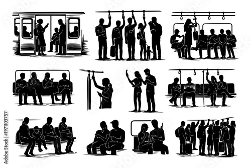 Silhouettes of diverse commuters in subway train depicting everyday urban life.