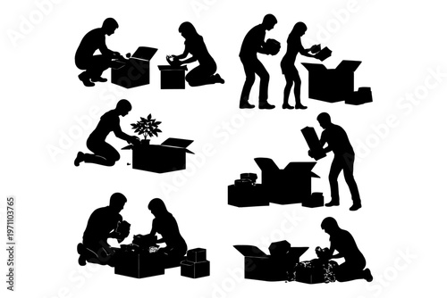 Silhouettes of people engaged in unboxing and organizing boxes.