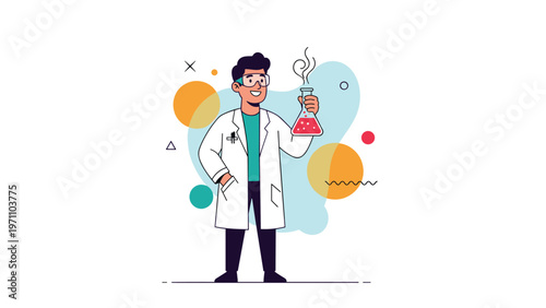 Confident male scientist in a lab coat and safety goggles, holding a steaming beaker with red liquid, surrounded by abstract shapes.