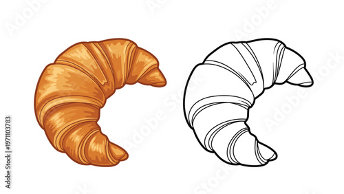 Delicious colored and black outline drawing of a classic French croissant, with flaky layers, perfect for bakery and breakfast themes.