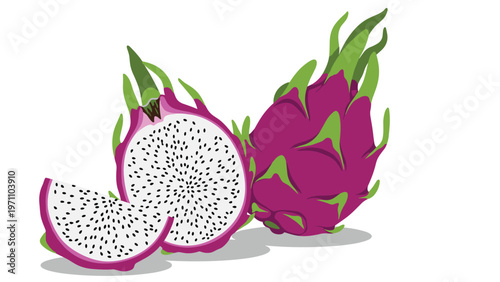 Exotic and vibrant dragon fruit (pitaya), with one whole fruit and a sliced half revealing white flesh with black seeds.