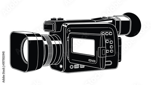 Detailed black silhouette icon of a professional video camera or camcorder with a zoom lens and screen, for media and production.