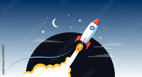Rocket ship blasting off into a starry night sky with crescent moon and clouds symbolizing innovation and exploration