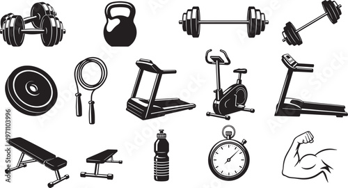Fitness Equipment Vector Icons: Dumbbells, Treadmills, Weight Plates, Kettlebells, Exercise Bikes, Jump Ropes, Benches, Water Bottle, Stopwatch, Bicep Flex, Gym Workout Graphics