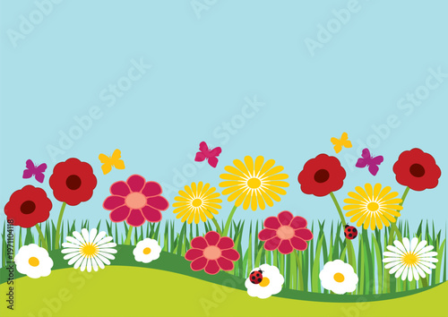 A4 flyer for spring with flowers. Horizontal hand-drawn vector illustration.
