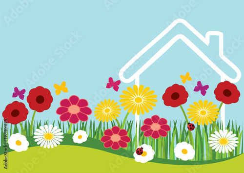 A4 real estate flyer for spring featuring a house and flowers. Horizontal hand-drawn vector illustration.