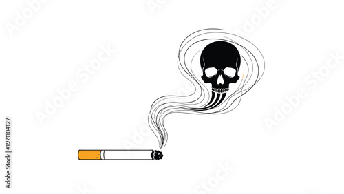 Graphic illustration depicting a burning cigarette with smoke forming a skull, symbolizing the severe health dangers of smoking and tobacco.