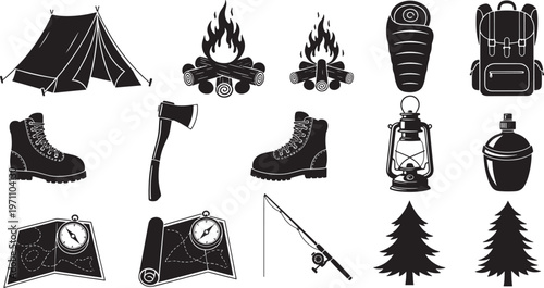Camping Icons Set, Outdoor Adventure Gear Collection, Hiking Equipment Symbols, Travel and Recreation Vector Graphics