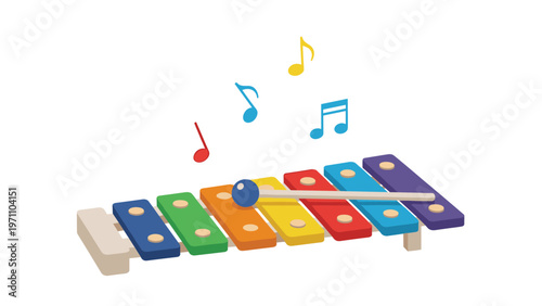 Vibrant illustration of a colorful xylophone with rainbow-colored keys and a mallet, surrounded by floating musical notes, symbolizing music.