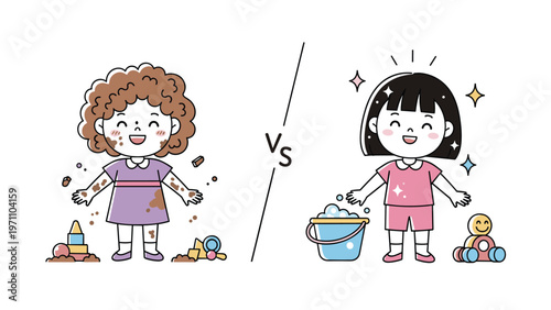 Humorous comparison illustration showing a dirty girl covered in mud and a clean girl with soap bubbles and sparkling cleanliness.