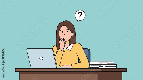 Puzzled young woman sitting at a desk with a laptop, chin in hand, with a question mark thought bubble, indicating confusion or problem-solving.