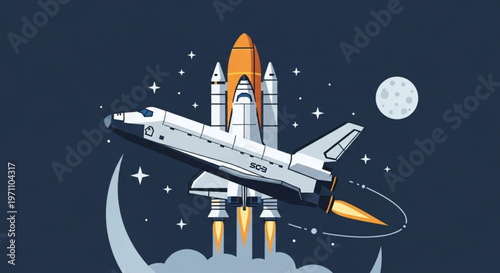 Space shuttle launching into orbit around the moon with rocket and stars in the night sky