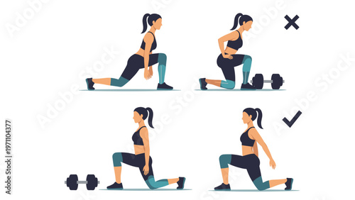 Comprehensive infographic illustrating the correct and incorrect forms for performing lunge exercises, with and without dumbbells.