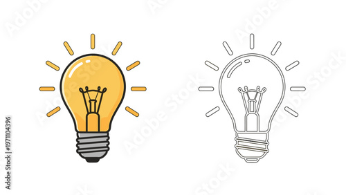 Glowing light bulb illuminating with bright yellow light is presented alongside its black-and-white outline for coloring.