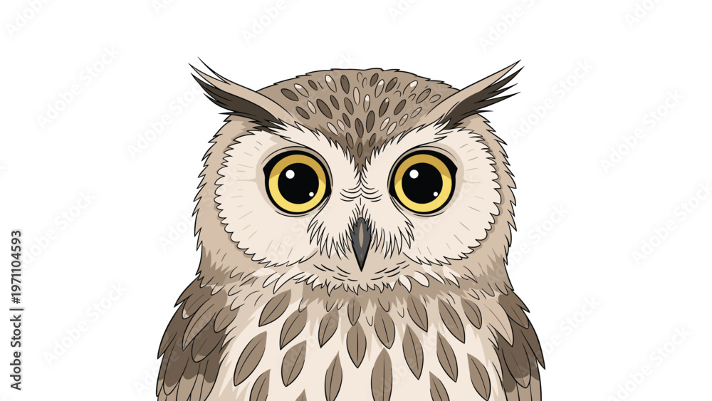 Fototapeta premium Captivating close-up portrait of a wise owl's face, featuring large, expressive yellow eyes and intricate feather details.