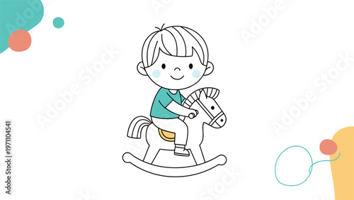Cheerful little boy is happily riding a classic rocking horse, depicted in a black-and-white outline for creative coloring.