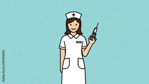 Friendly female nurse, dressed in her uniform, stands confidently holding a syringe, representing healthcare and vaccination.