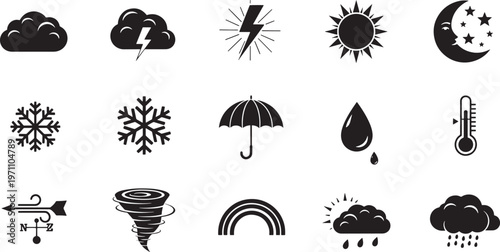 Weather Icons Set: Cloud, Lightning, Sun, Moon, Snowflake, Umbrella, Rain, Thermometer, Tornado, Rainbow, Forecast Symbols