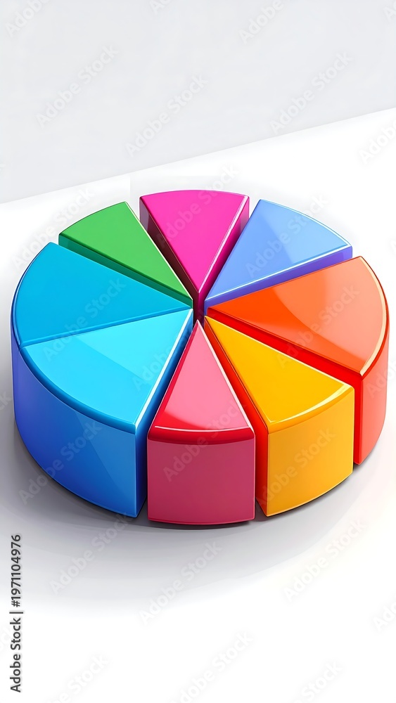 Obraz premium A colorful 3D pie chart with eight sections on a white background