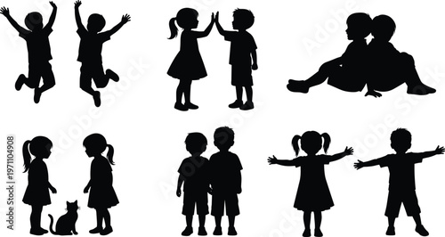 Children playing silhouettes set showing jumping, high five, sitting together, and friendly gestures representing childhood activity and friendship